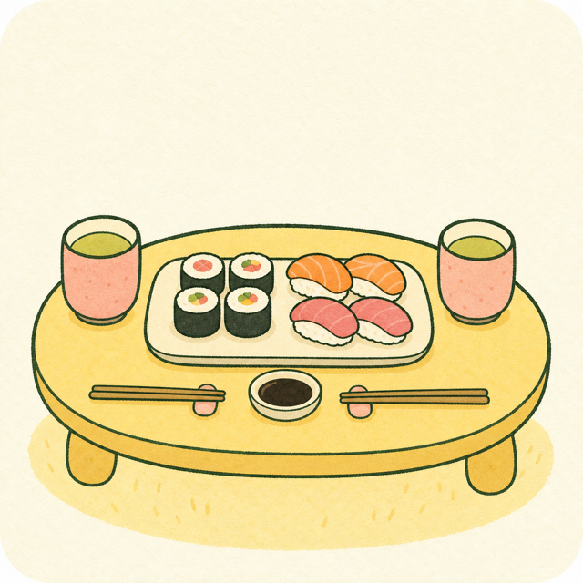 A warm illustrated sushi dinner for two